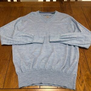 Orvis Mens L Blue Merino Wool V Neck Pullover Knit Stretch Sweater READ